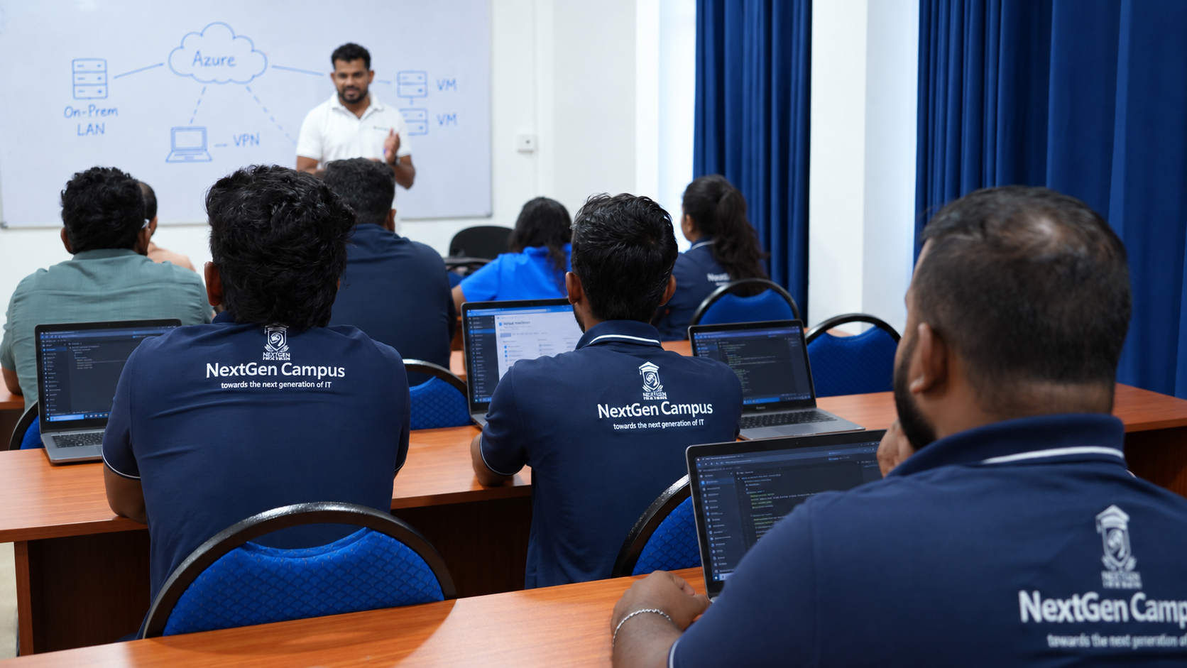 Illustration of students using laptops during an Azure cloud learning session