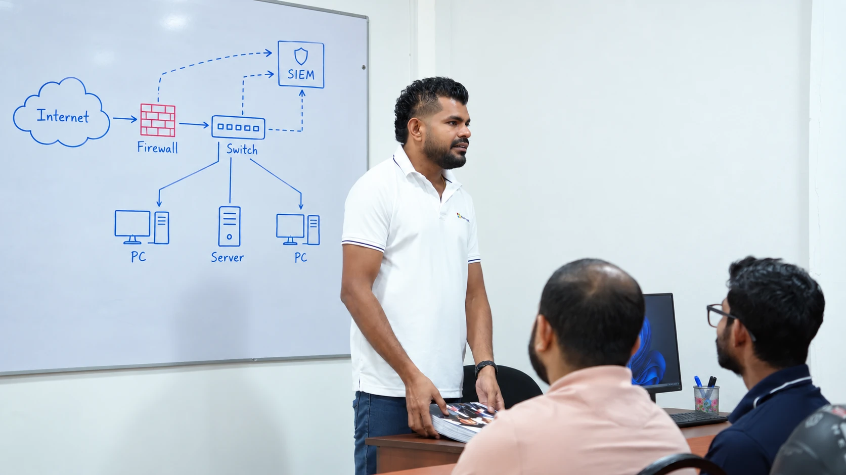 Instructor explaining a network and SIEM diagram