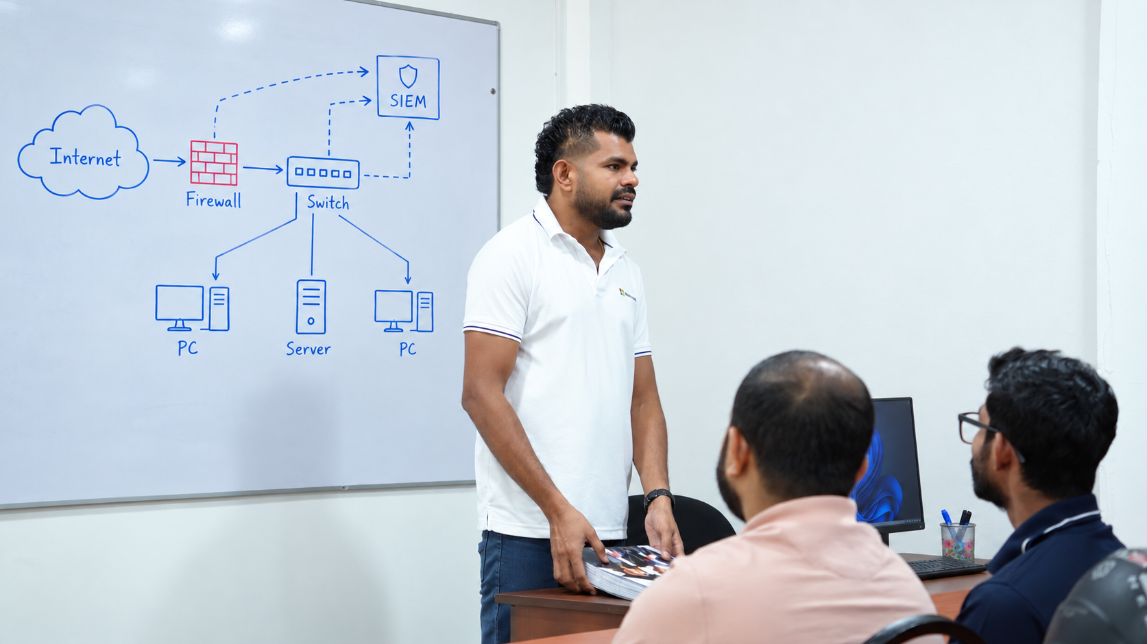 Instructor explaining a network and SIEM diagram