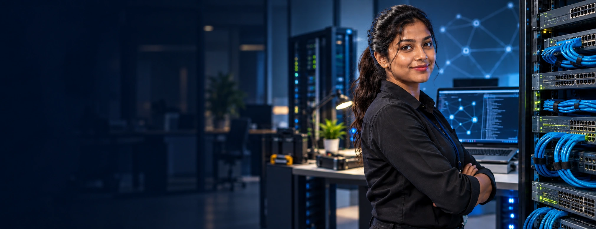 AI-generated female network engineer beside routers and switches in a professional networking lab