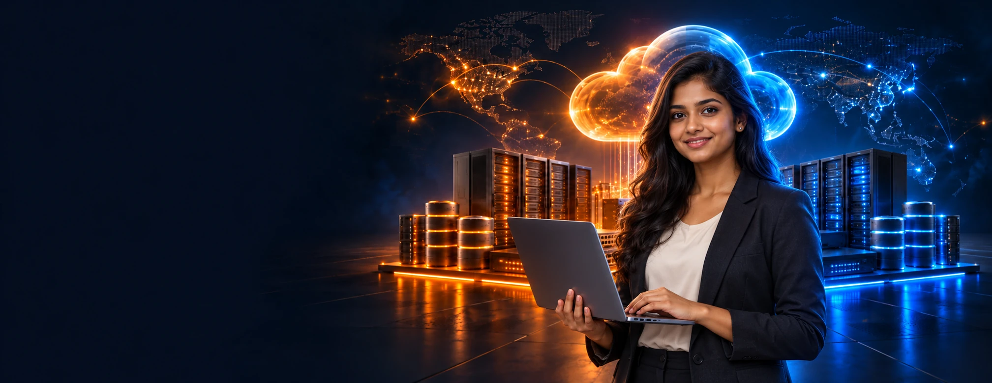 AI-generated female cloud engineer with laptop against connected orange and blue cloud infrastructure