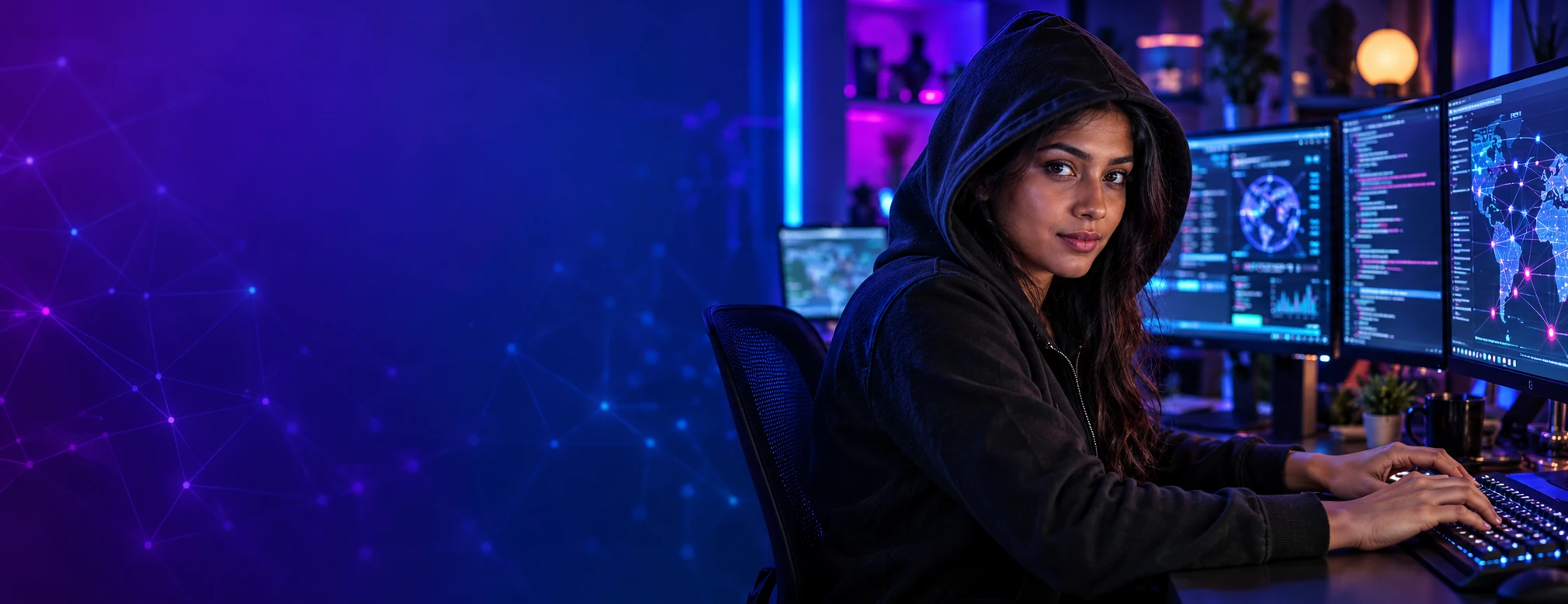 AI-generated hooded female ethical hacker at a colourful cybersecurity workstation