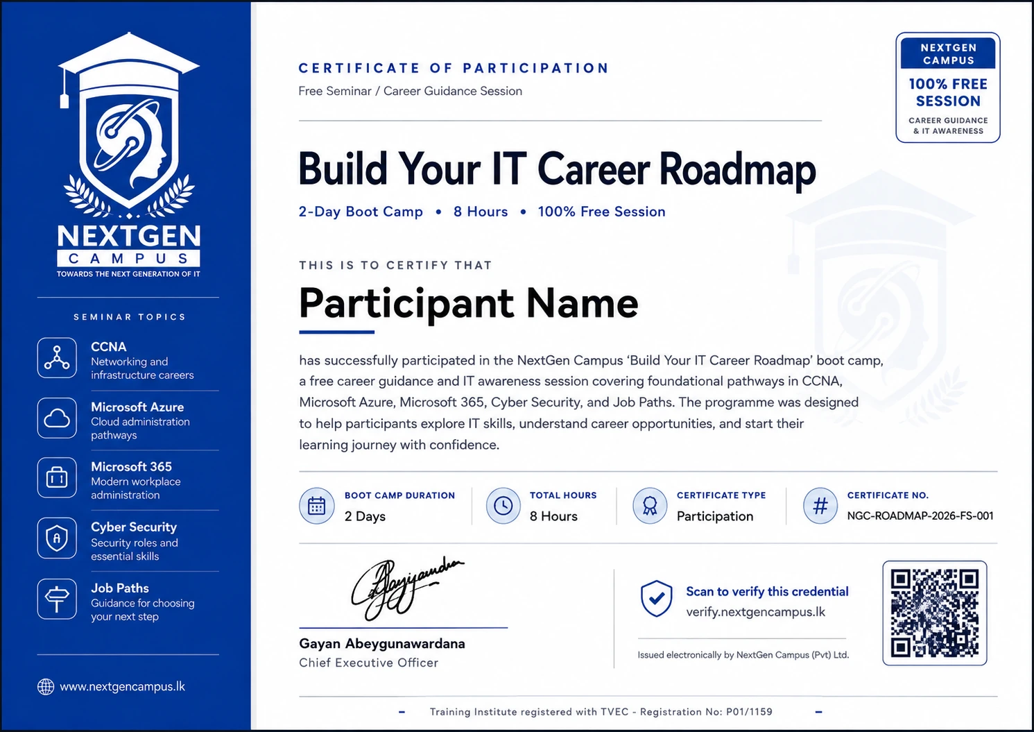 NextGen Campus certificate of participation for the two-day Build Your IT Career Roadmap boot camp