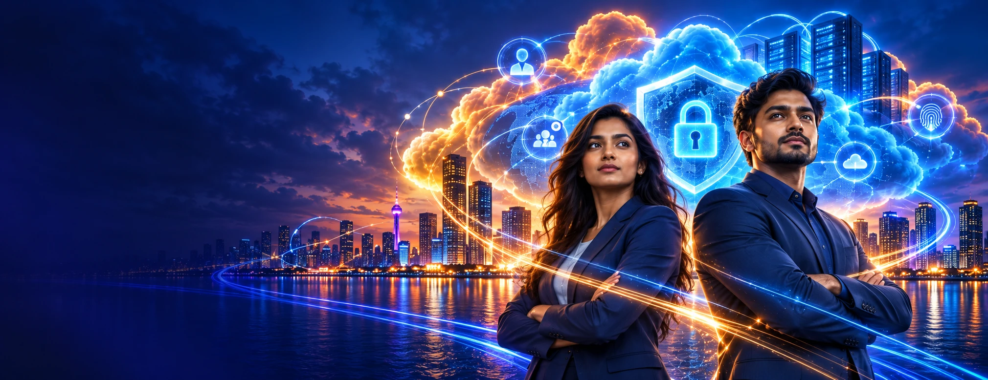 AI-generated Microsoft cloud security engineer monitoring cloud infrastructure and identity security dashboards