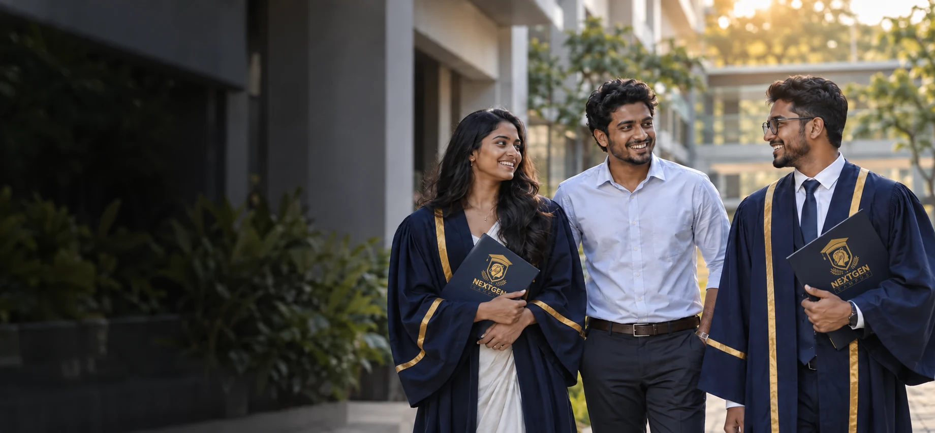 Illustrative scene of Sri Lankan graduates sharing a proud moment on a tropical campus