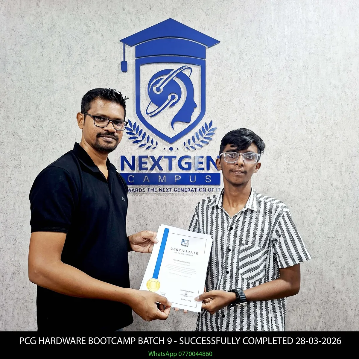 PCG Hardware Bootcamp participant receiving a certificate at NextGen Campus
