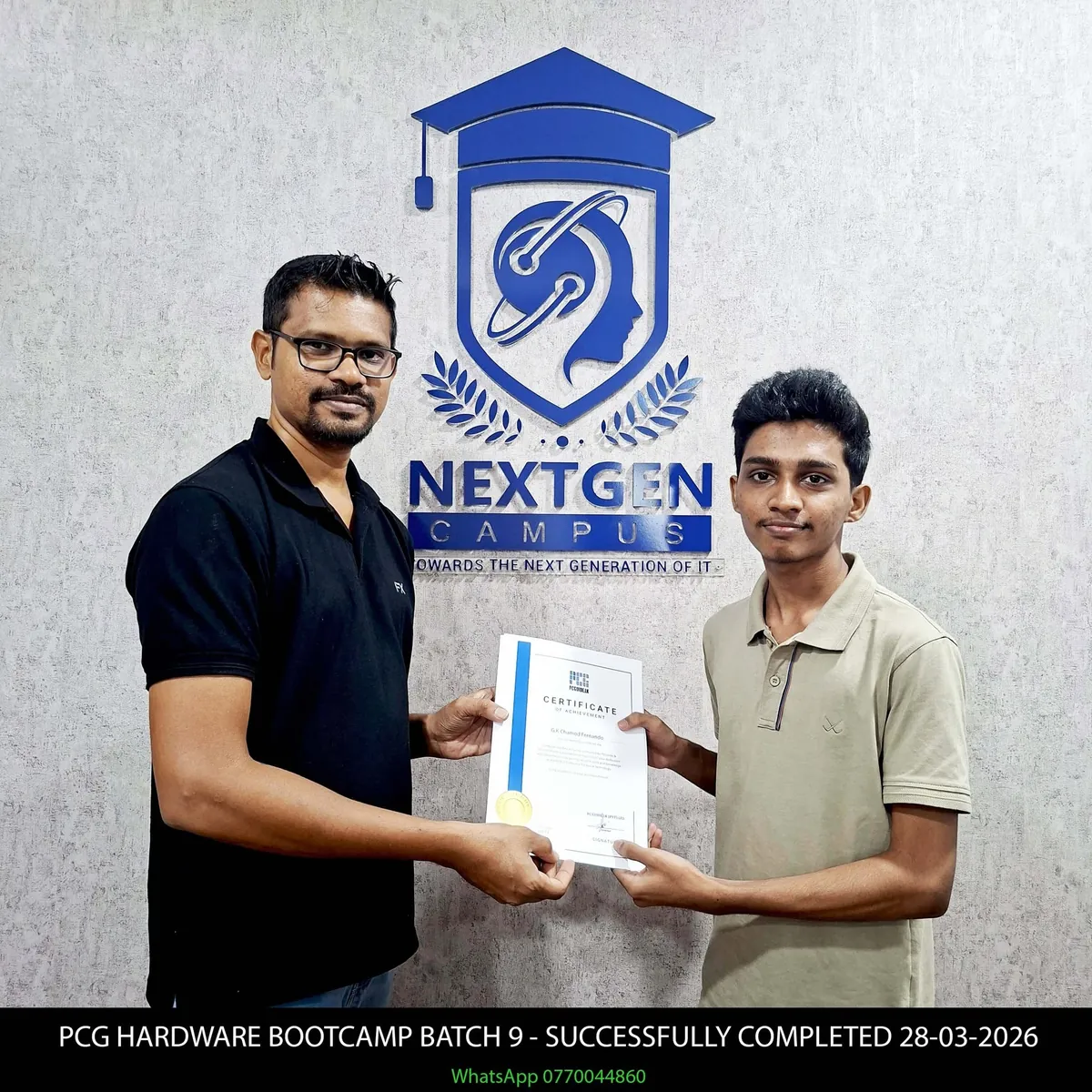 PCG Hardware Bootcamp graduate receiving a certificate from NextGen Campus